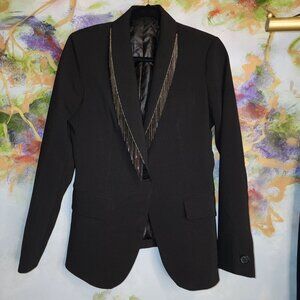 Vintage-Inspired Black Blazer With Beaded Metal Fringe Lapel